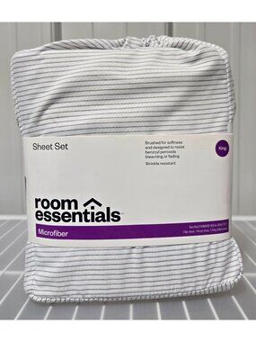 Room Essentials King Size 4 Pc Blue Striped Microfiber Sheet & Pillowcase Set